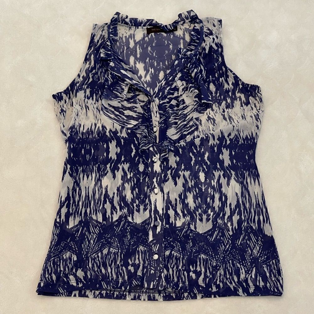 The Limited blue and white ruffle front sleeveless blouse M